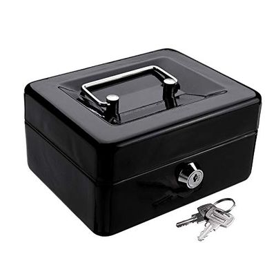 Money Boxes Mini Black Metal Stainless Steel Piggy Bank Safety Deposit Box for Money Coin Cash Tray with Secret Key Cash Drawer Carry Box