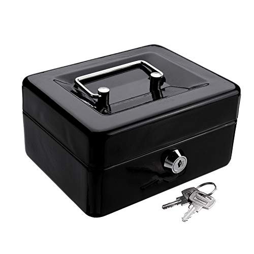 Money Boxes Mini Black Metal Stainless Steel Piggy Bank Safety Deposit Box for Money Coin Cash Tray with Secret Key Cash Drawer Carry Box