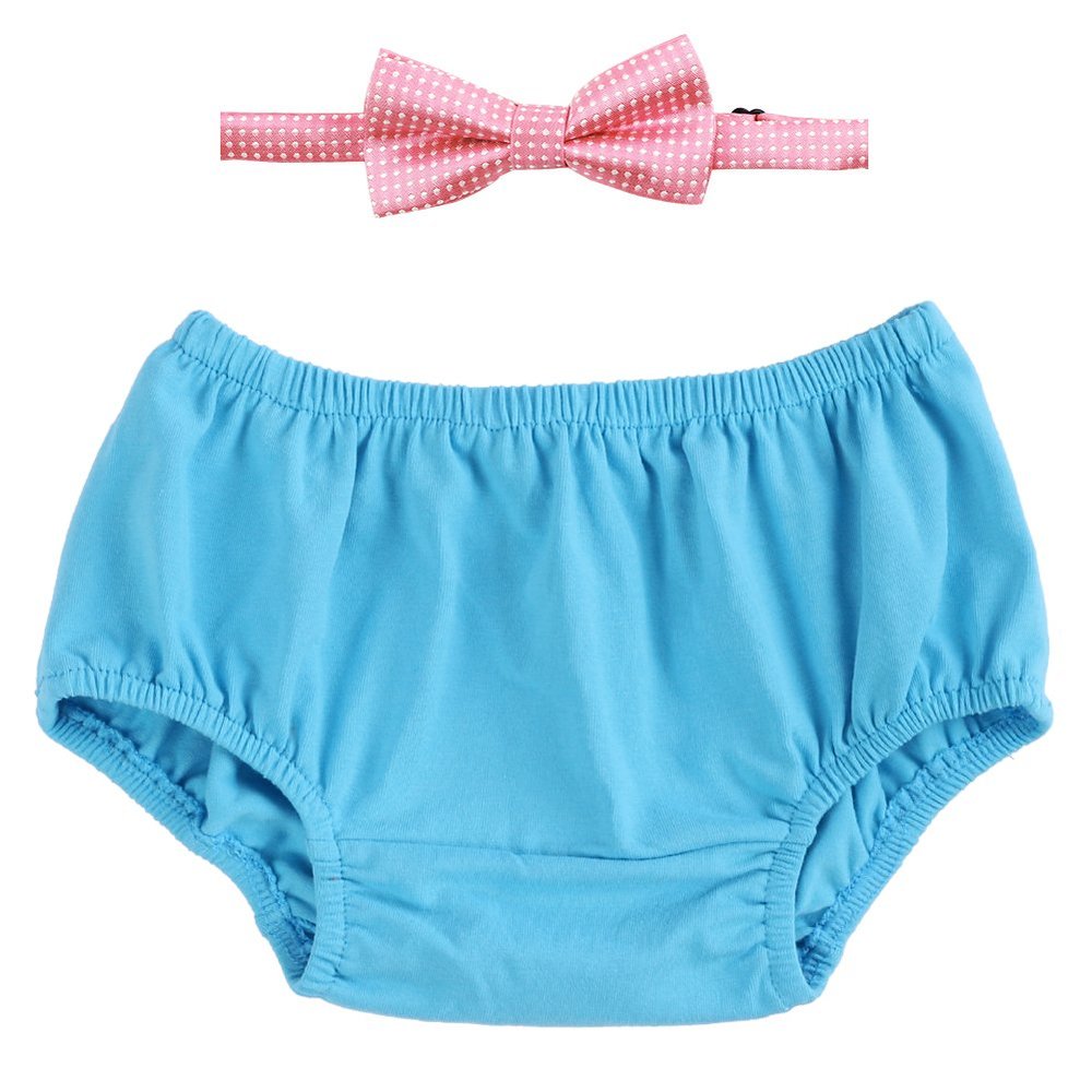 Baby Boy Cake Smash Outfit 1st First Birthday Party Gentlemen Bow Tie Bloomers Diaper Cover Shorts Pants Newborn Infant Toddler Kids Cotton Clothes Photography Photo Props Sky Blue + Pink
