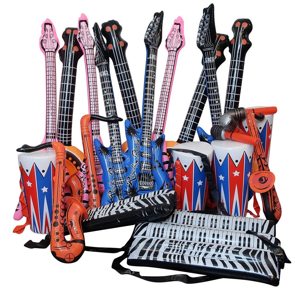 24-Piece Inflatable Rock Band Instrument Set by Forest & Twelfth, Includes Guitars Trumpets, Saxophone, Keyboard, Microphones, Drums, Fun Musical Instruments for Pretend Play, Parties, Props, Dcor