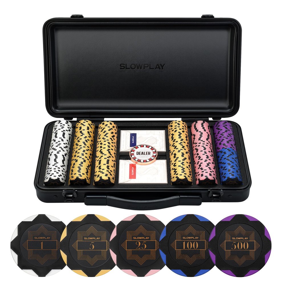 SLOWPLAY Nash 14g Clay Poker Chip Set Black Gold Edition 300PCS Full Set for Texas Holdem | Numbered Chips: 1, 5, 25, 100, 500 | Premium Case with Durable German Polycarbonate Shell