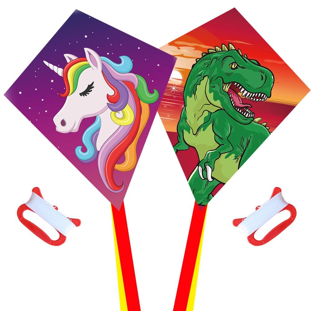 [2 Pack] Diamond Kites Dinasour+Unicorn Eddy Kite for Children, Wonderful Beginner Kites for 3 Years up, 60x70cm with 2x300cm Long Tails, Kite Handle, 60m String and Swivel incloud