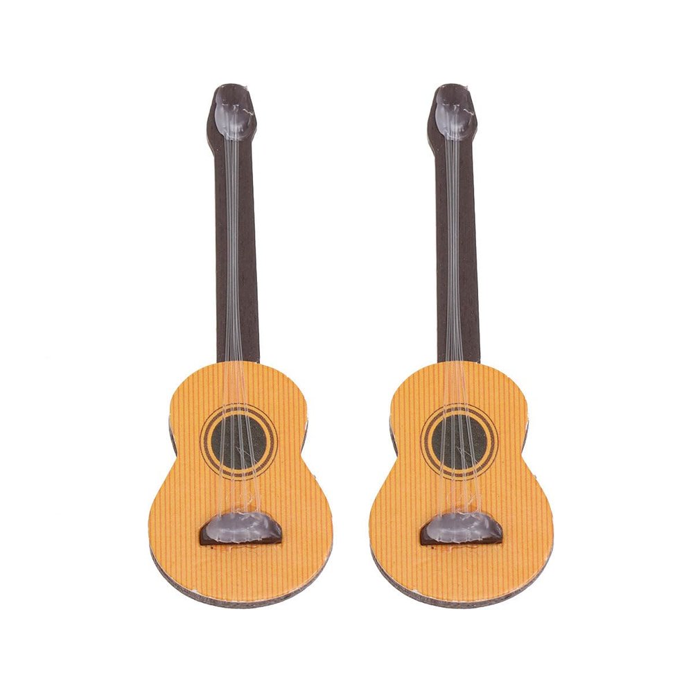 Wooden Mini Guitar Toy Ornament: 2Pcs Toy Guitar Ornaments Musical Instrument Photo Props for Dollhouse Accessories Desktop Music Decoration 2.55 Inch