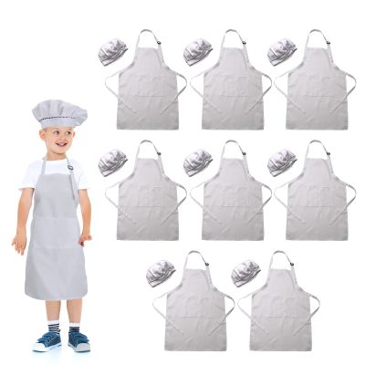 LOYHUANG White Kids Chef Apron and hat set- Kids Chef Kitchen Bib Aprons with 2 Pockets for Girls Boys Painting Cooking Baking Wear(White,8sets)