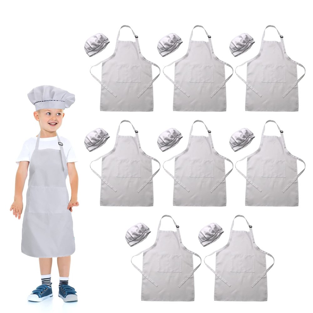 LOYHUANG White Kids Chef Apron and hat set- Kids Chef Kitchen Bib Aprons with 2 Pockets for Girls Boys Painting Cooking Baking Wear(White,8sets)