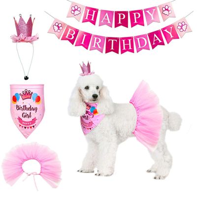ADOGGYGO Dog Birthday Hat Bandana Girl - Pet Birthday Party Supplies - Pink Dog Tutu Hat Scarf Banner Set for Medium Large Dogs (Large)