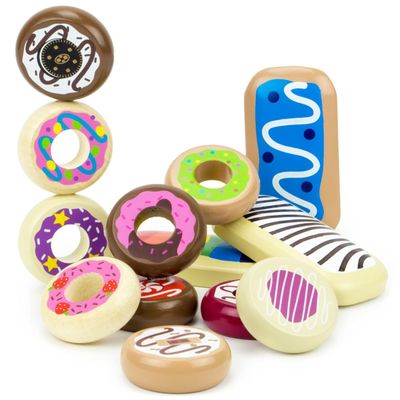 Baker's Dozen Wooden Donuts - Pretend Play Food - 13-Piece Playset of Dessert Food Pastries for Tea Time and Play Kitchens