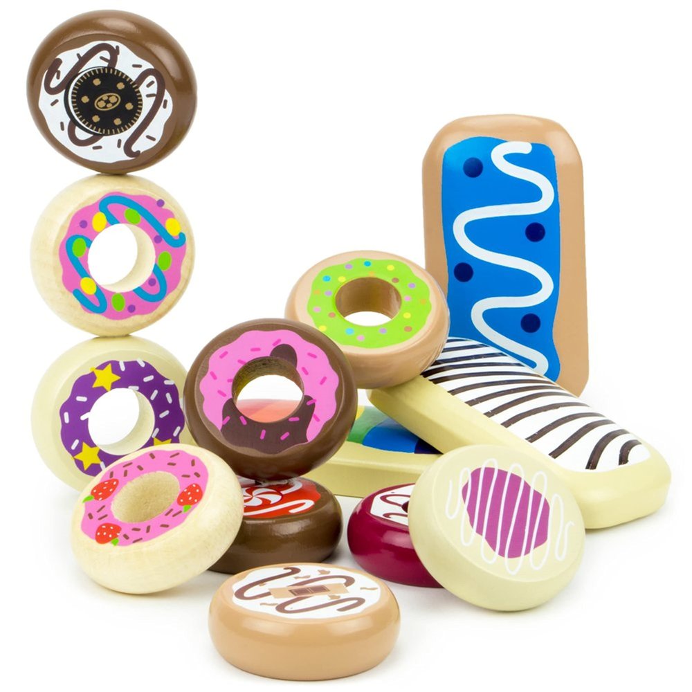 Baker's Dozen Wooden Donuts - Pretend Play Food - 13-Piece Playset of Dessert Food Pastries for Tea Time and Play Kitchens