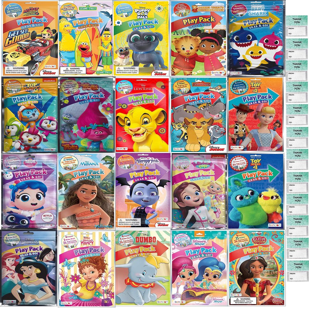 Bendon Publishing 12 Count Play Pack Grab and Go Assorted Set For Toddlers Boys and Girls (12 Different Packs Guaranteed) and 12"Thank You" Cards, Great for Party Favors and Supplies
