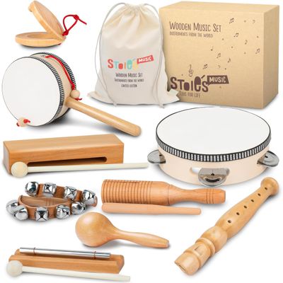 Stoie's Wooden Toddler Musical Instruments with Drum, Hand Bells, Flute, Maracas, Castanet, Tamburine, for Babies and Kids, Eco Friendly Montessori Educational Toy