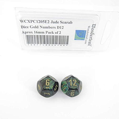Jade Scarab Dice with Gold Numbers D12 Aprox 16mm (5/8in) Pack of 2 Wondertrail