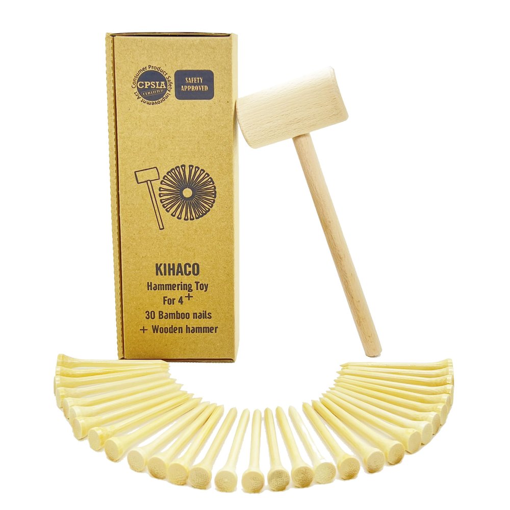 KIHACO Hammering and Pounding Toys for Kids Include 1 Wood Hammer and 30 Bamboo Nails Improve Fine Motor Skills Friendly Natural Wooden Educational Montessori Toy for Childs DIY Birthday Gift for 4+