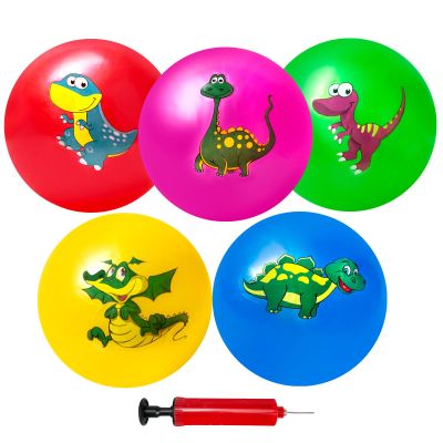 Hymaz 9 Inch 5 Pcs Bouncy Balls for Toddlers, Rubber Inflatable Bouncy Ball for Kids Ball Games, Soft Dinosaurs Sensory Balls with Pump for Indoor Outdoor Beach Playground Backyard Pool Class Games