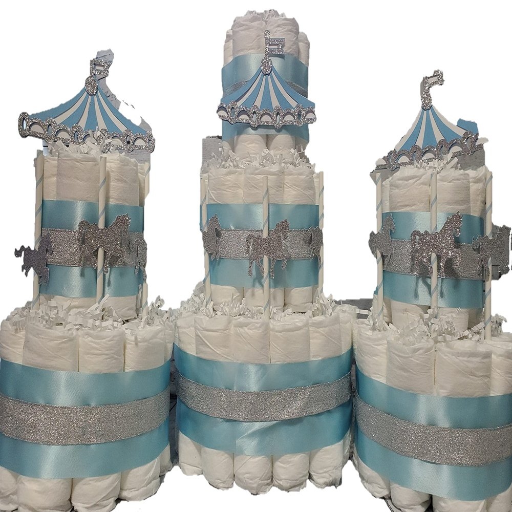 Carousel Merry Go Round Diaper Cake 3 Piece Set - 3 Tier - Baby Shower Gift - Circus Theme - Silver (Blue, Pink, Neutral Options)