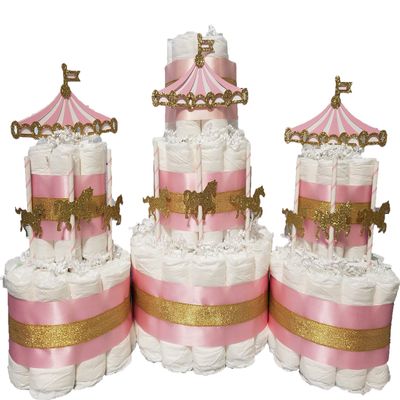 Carousel Merry Go Round Diaper Cake 3 Piece Set - 3 Tier - Baby Shower Gift - Circus Theme - Gold (Blue, Pink, Neutral Options)