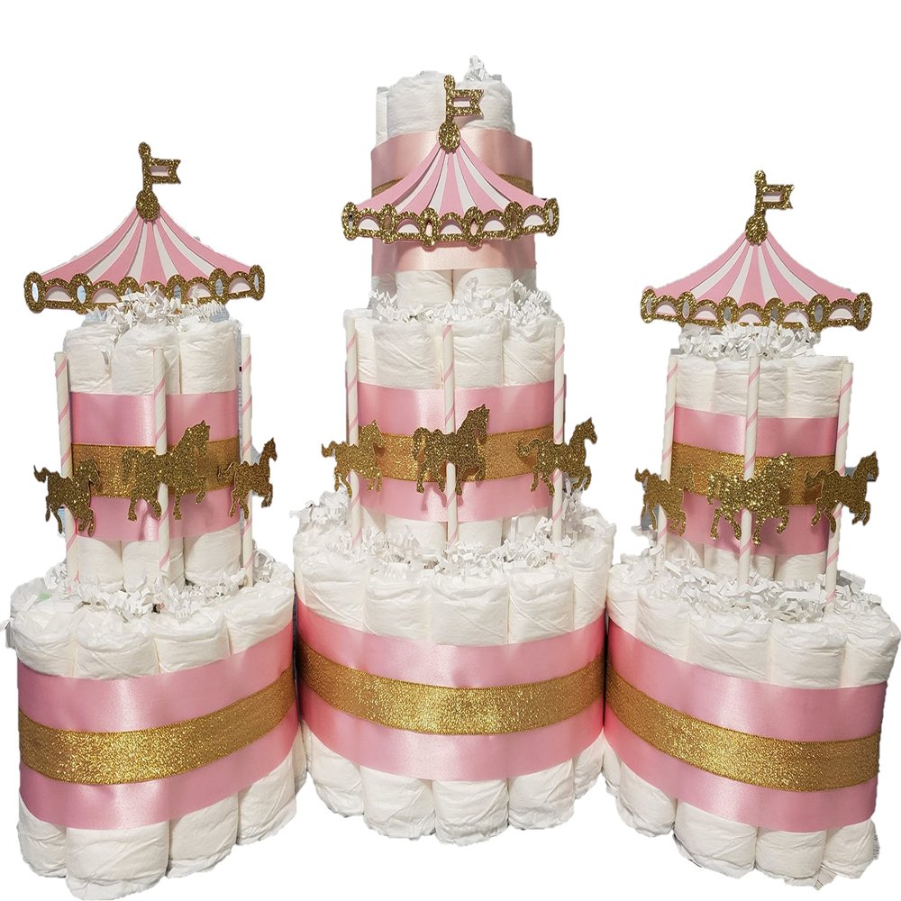 Carousel Merry Go Round Diaper Cake 3 Piece Set - 3 Tier - Baby Shower Gift - Circus Theme - Gold (Blue, Pink, Neutral Options)