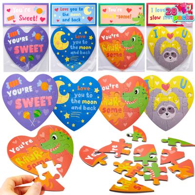 JOYIN 28 Pack Valentine's Day Gift Cards with Heart Jigsaw Puzzle Set for School Classroom Exchange Prizes, Valentine Party Favor Toys for Girls Boys