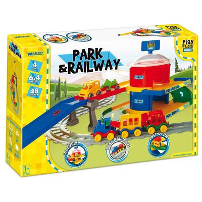 Wader 51520 Play Tracks Car Park and Railway, Set of Rails and Road with Approx. 6.4m Length, Including 4 Vehicles and 48 Stickers, from 12 Months, Ideal as a Gift, Multicoloured, Standard