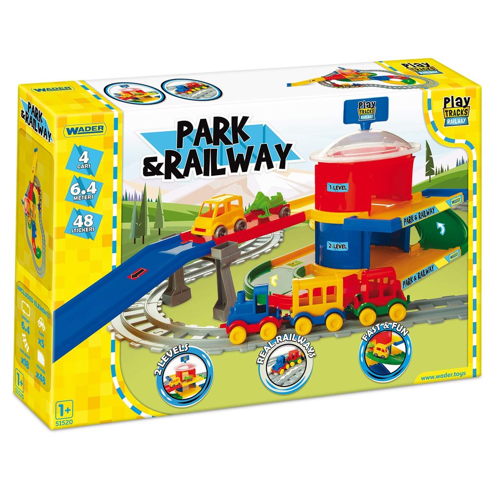 Wader 51520 Play Tracks Car Park and Railway, Set of Rails and Road with Approx. 6.4m Length, Including 4 Vehicles and 48 Stickers, from 12 Months, Ideal as a Gift, Multicoloured, Standard