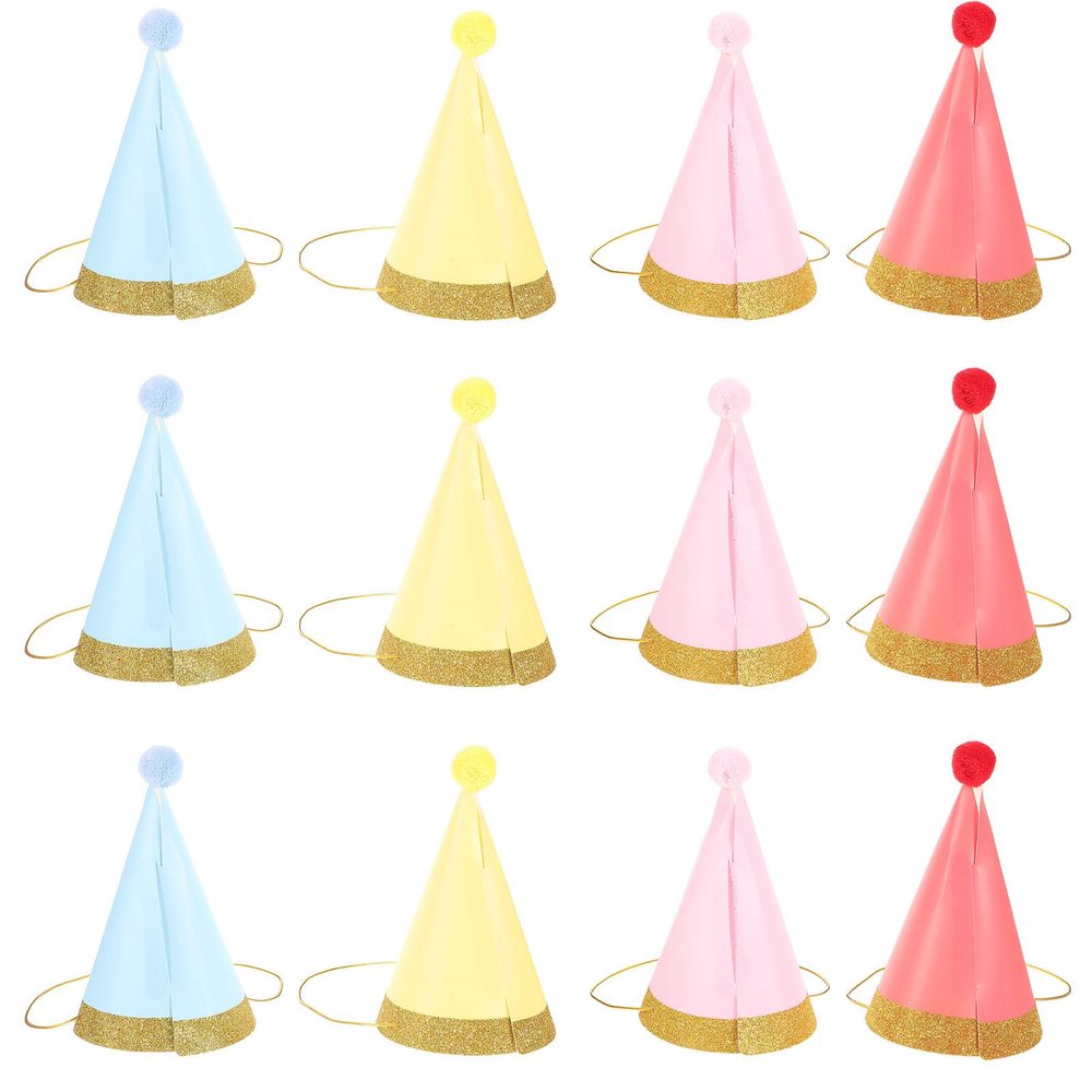 Amosfun Kids Birthday Party Hats with Glitter Pom Pom Cone 12-Pack Rim Photo Props for Children Celebration and Festive Decoration 4.33X4.33X6.69In