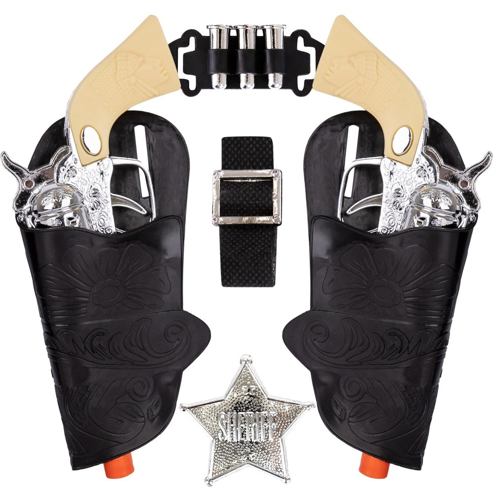 ArtCreativity Cowboy Toy Gun Holster and Belt 9 Piece Set for Kids. 2 Toy Pistols, 1 Sheriff Badge, 2 Gun Holsters, and 3 Play Bullets, 1 Adjustable Belt, Old Western Action Belt for Sheriff