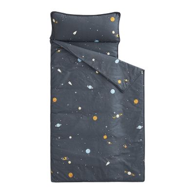 Wake In Cloud - Toddler Nap Mat with Pillow and Blanket, 100% Cotton Fabric, for Kids Boys Ages 3 Plus in Daycare Kindergarten Preschool, Roll Up Sleeping Bag, Galaxy Spaces, Gray, Standard