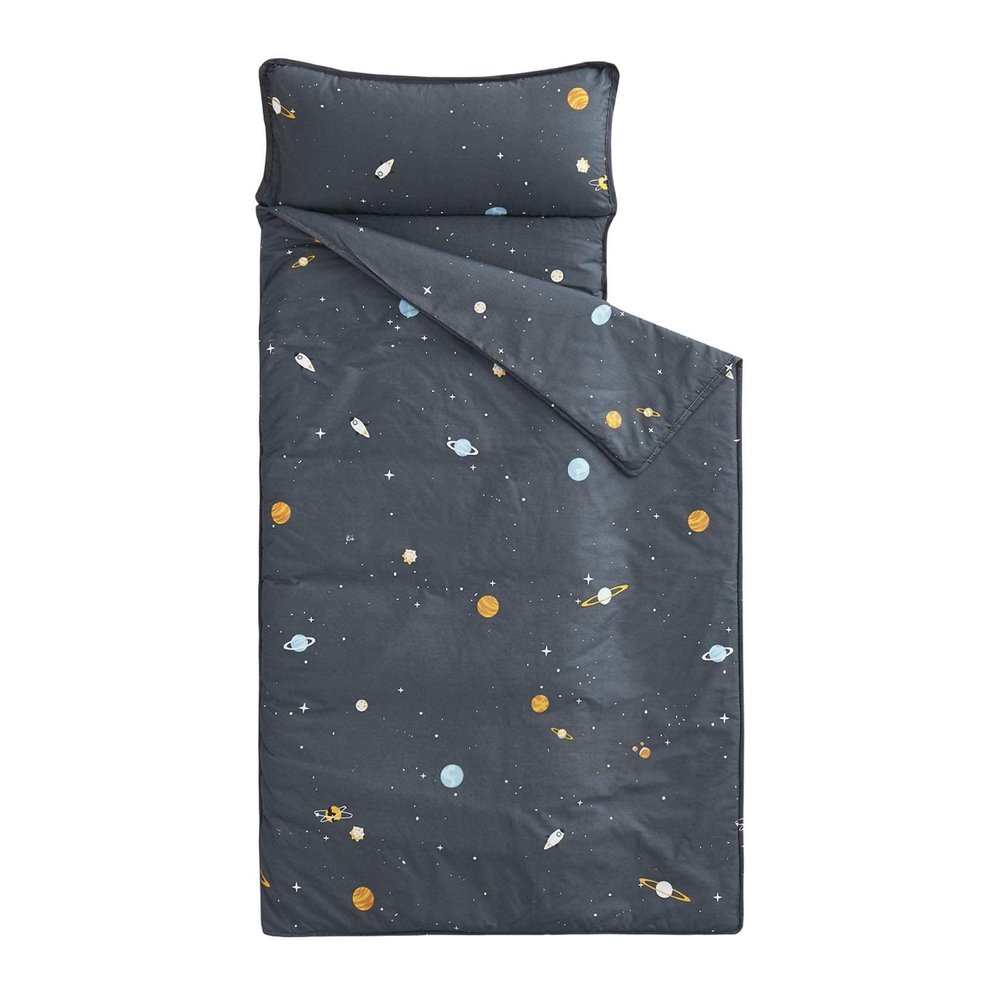 Wake In Cloud - Toddler Nap Mat with Pillow and Blanket, 100% Cotton Fabric, for Kids Boys Ages 3 Plus in Daycare Kindergarten Preschool, Roll Up Sleeping Bag, Galaxy Spaces, Gray, Standard