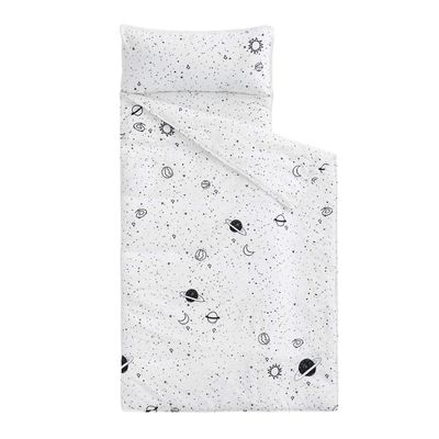 Wake In Cloud - Toddler Nap Mat with Pillow and Blanket, 100% Cotton Fabric, for Kids Boys Ages 3 Plus in Daycare Kindergarten Preschool, Roll Up Sleeping Bag, Galaxy Spaces, Black White, Standard