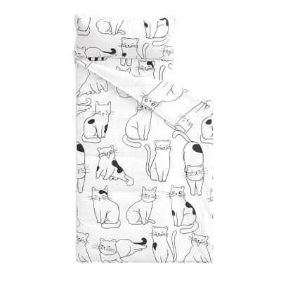 Wake In Cloud - Toddler Nap Mat with Pillow and Blanket, 100% Cotton Fabric, for Kids Boys Girls Ages 3 Plus in Daycare Kindergarten Preschool, Roll Up Sleeping Bag, Black White Cats, Standard
