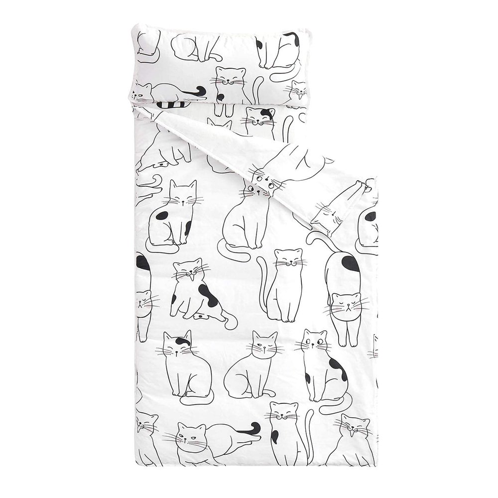Wake In Cloud - Toddler Nap Mat with Pillow and Blanket, 100% Cotton Fabric, for Kids Boys Girls Ages 3 Plus in Daycare Kindergarten Preschool, Roll Up Sleeping Bag, Black White Cats, Standard