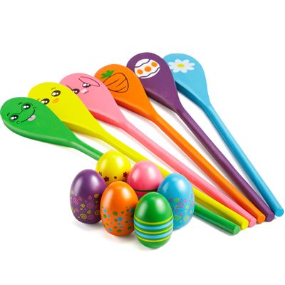 JOYIN Easter 12PCS Egg and Spoon Race Game Set, 6 Woodeen Egg and Spoons with Assorted Colors Outdoor Games, Party Favor Supplies