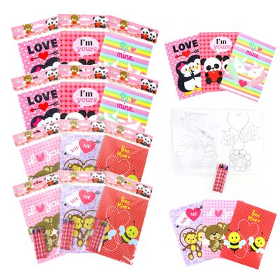 TINYMILLS Valentines Day Coloring Book and Crayon Set  12 Valentine Coloring Books with 48 Crayons, Party Favors, Goody Bag Stuffers, Classroom Exchange Gifts, Carnival Prizes
