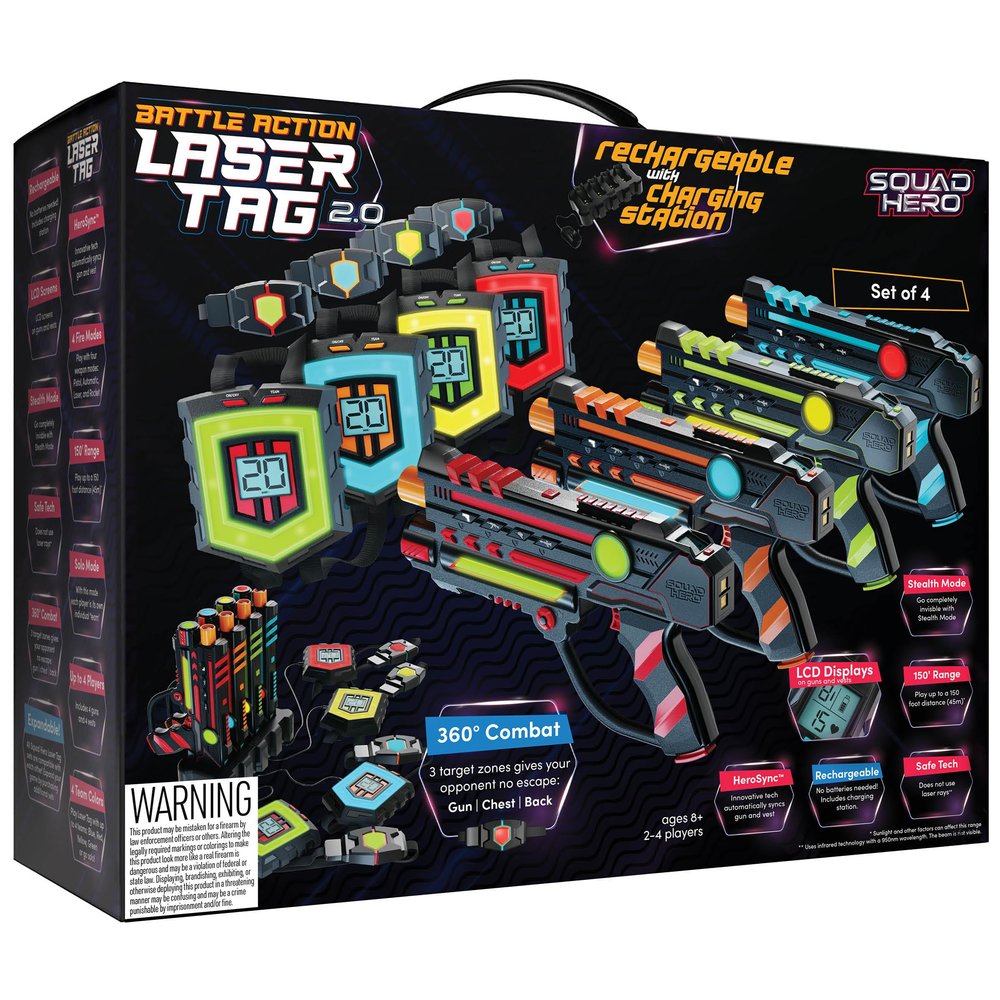 Squad Hero Rechargeable Laser Tag 360 Sensors + LCDs - Set of 4 - Easter Gift Ideas for Kids Teens and Adults Boys & Girls Family Fun - Cool Teenage Lazer Group Activity, Teen Gifts Ages 8+ Year Old