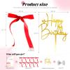 10 PCS Bow Cake Toppers with Happy Birthday Sign - Red Ribbon Cupcake Toppers for Christmas Birthday Party Decorations Coquette Theme Anniversary Wedding New Year Decor Cake Decorating Supplies (Red) view 2