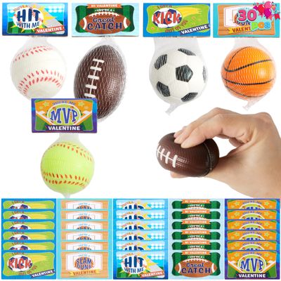 JOYIN 30 Pack Kids Valentines Day Gift Cards with Gift Mini Sports Ball Figure Stress Balls Squishy Toy Foam Balls for Classroom Exchange Prizes, Stress Relief / Anxiety Relief, Valentine Party Favor