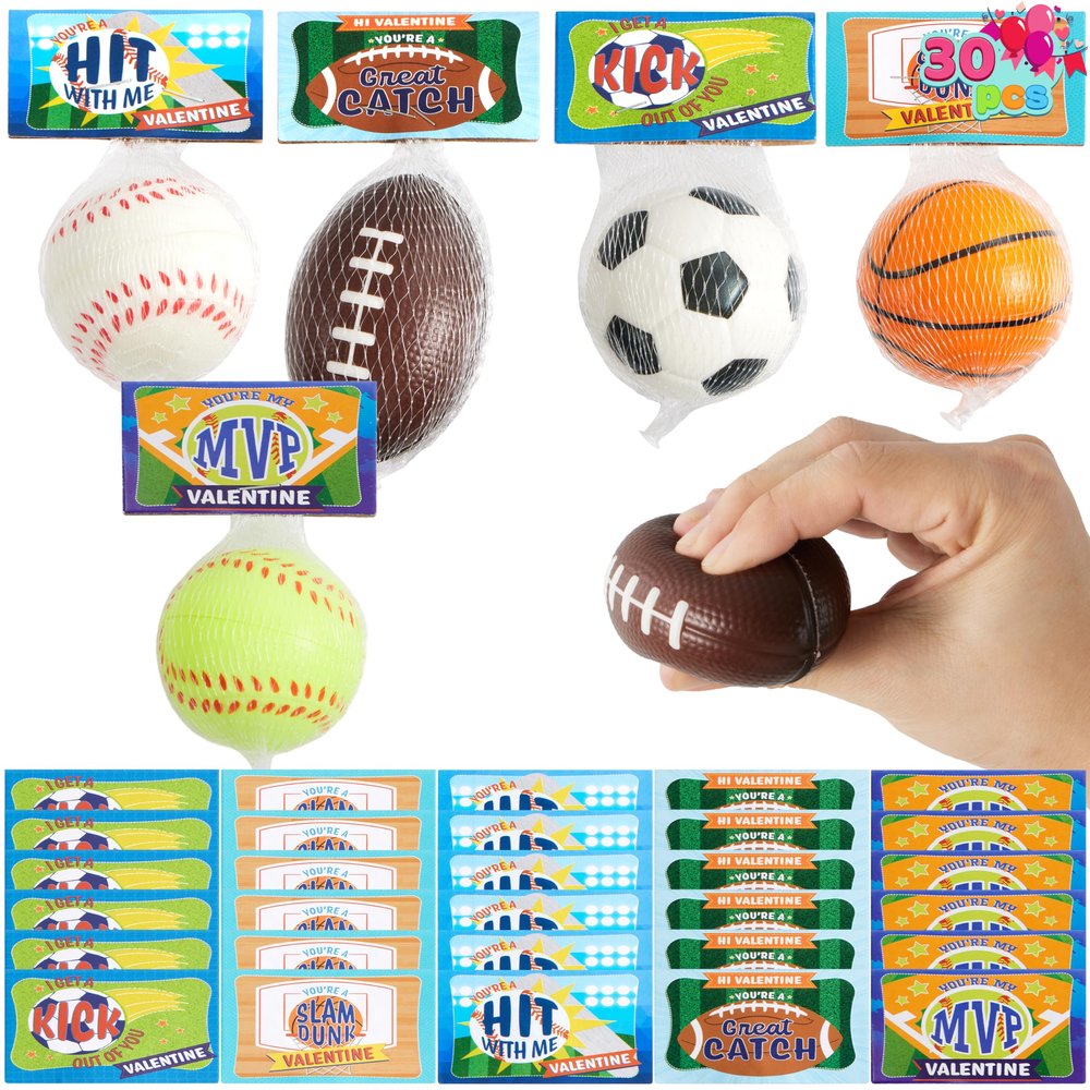 JOYIN 30 Pack Kids Valentines Day Gift Cards with Gift Mini Sports Ball Figure Stress Balls Squishy Toy Foam Balls for Classroom Exchange Prizes, Stress Relief / Anxiety Relief, Valentine Party Favor
