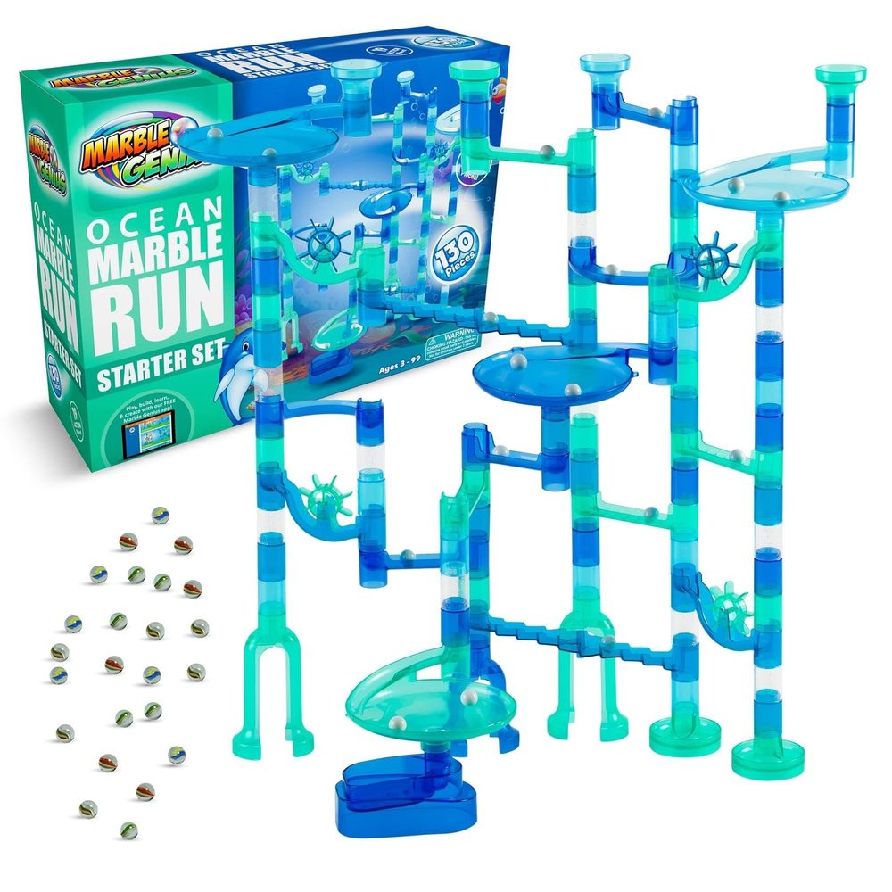 Marble Genius Marble Run Starter Set STEM Toy for Kids Ages 4-12 - 130 Complete Pieces (80 Translucent Marbulous Pieces and 50 Glass Marbles), Construction Building Block Toys, Theme (Ocean),