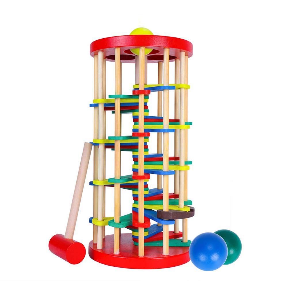 ROLENUNE Wooden Ball Drop Toy Kids Pounding Bench Hammer Pound Roll Ramp Toys Children Educational Montessori Gift for 3 4 5 Years Old Babies and Toddlers