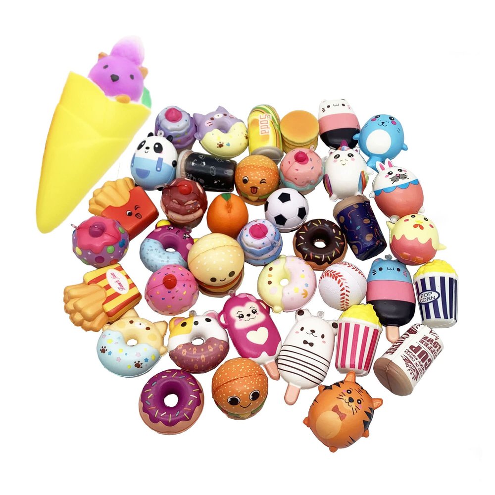 Aqueens 30 Pack Squishies Sets Slow Rising Kawaii Cute (1pc Jumbo + 29pcs Medium/Mini Size) Random Cake Bread Panda Bun Cartoon Series Stress Relief Squishy for Kids Gift Toys Party Favors
