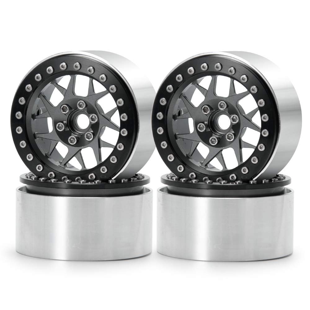 Que-T 4pcs 2.2'' Alloy Beadlock Wheel Rims Wheel Hubs for 1/10 RC Crawler Wraith D90 90046 (Silver & Titanium)