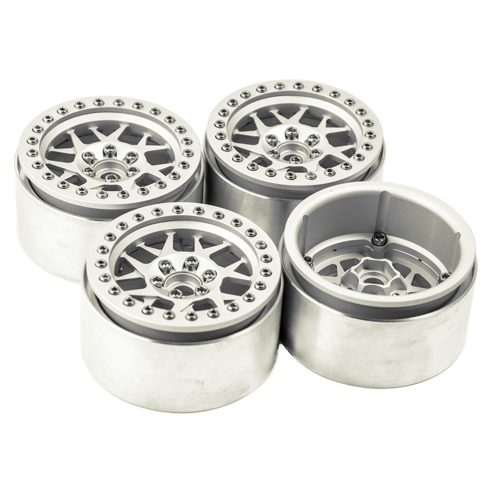 Que-T 4pcs 2.2'' Alloy Beadlock Wheel Rims Wheel Hubs for 1/10 RC Crawler Wraith D90 90046 (Matte Silver)