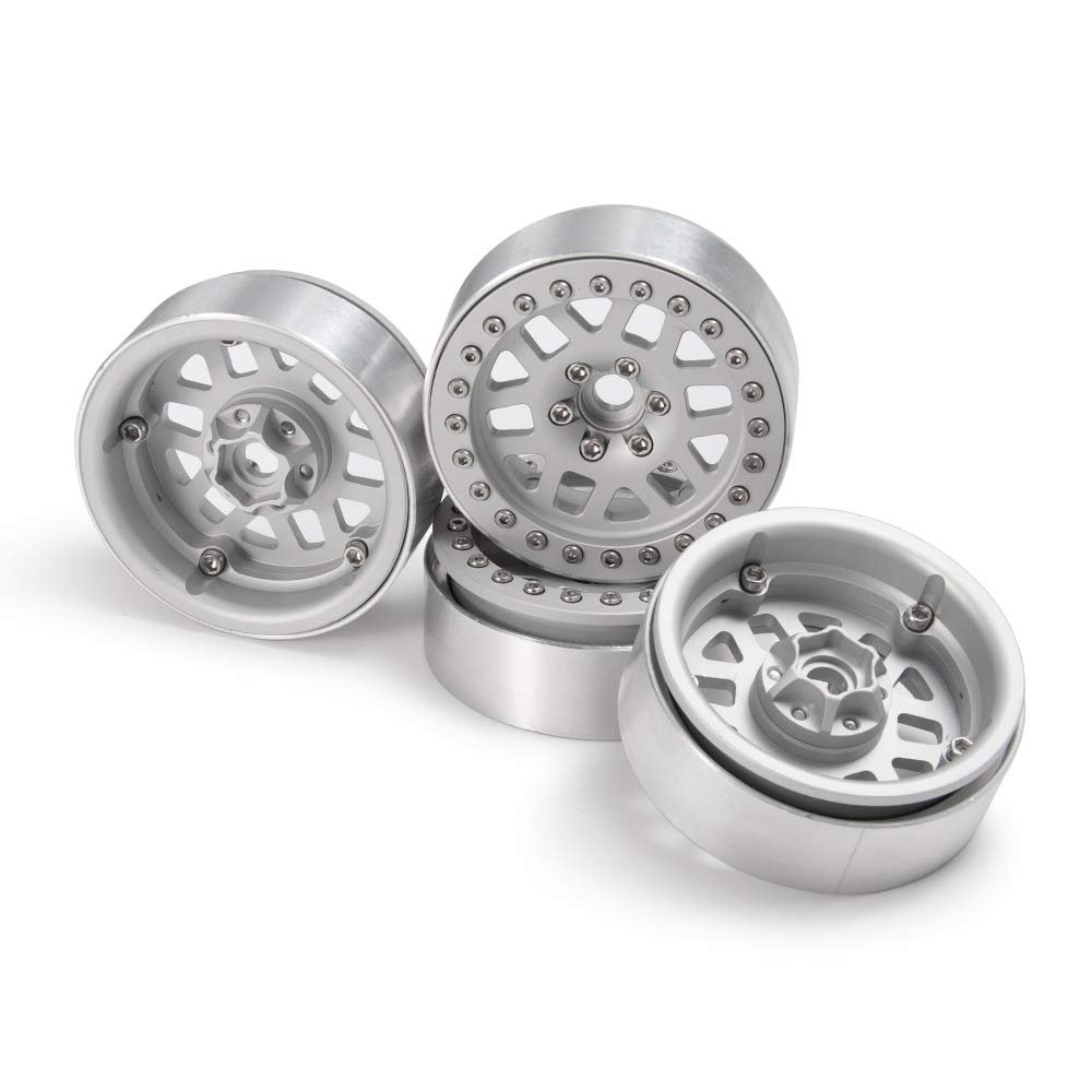 QUE-T 2.2" Metal Beadlock Wheel Rims, 4pcs Width 25mm Hubs for 1/10 RC Crawler Axial Wraith D90 (Matte Silver)
