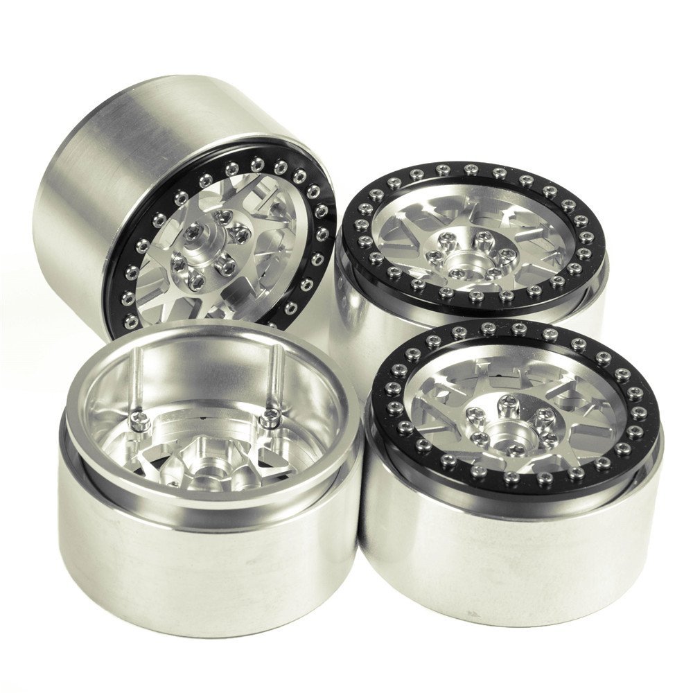 Que-T 4pcs 2.2'' Alloy Beadlock Wheel Rims Wheel Hubs for 1/10 RC Crawler Wraith D90 90046 (Bright Black & Silver)