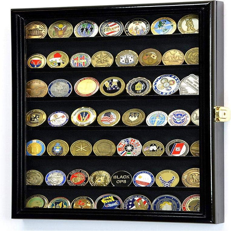 flag connections Military Challenge Coin Display Case Cabinet Holder Wall Rack 98% UV Lockable