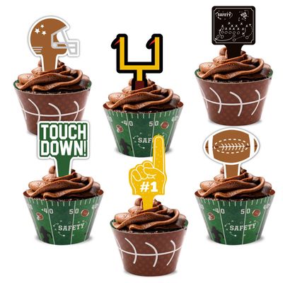 48Pcs Football Cupcake Toppers and Wrappers Set Football Theme Birthday Rugby Ball Sports Game Day Sunday Party Decoration Supplies for Boys Birthday Party