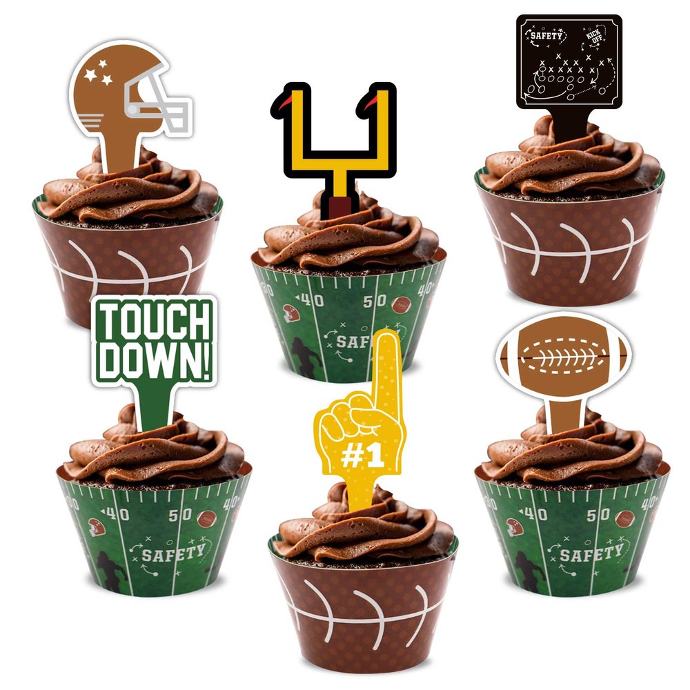 48Pcs Football Cupcake Toppers and Wrappers Set Football Theme Birthday Rugby Ball Sports Game Day Sunday Party Decoration Supplies for Boys Birthday Party