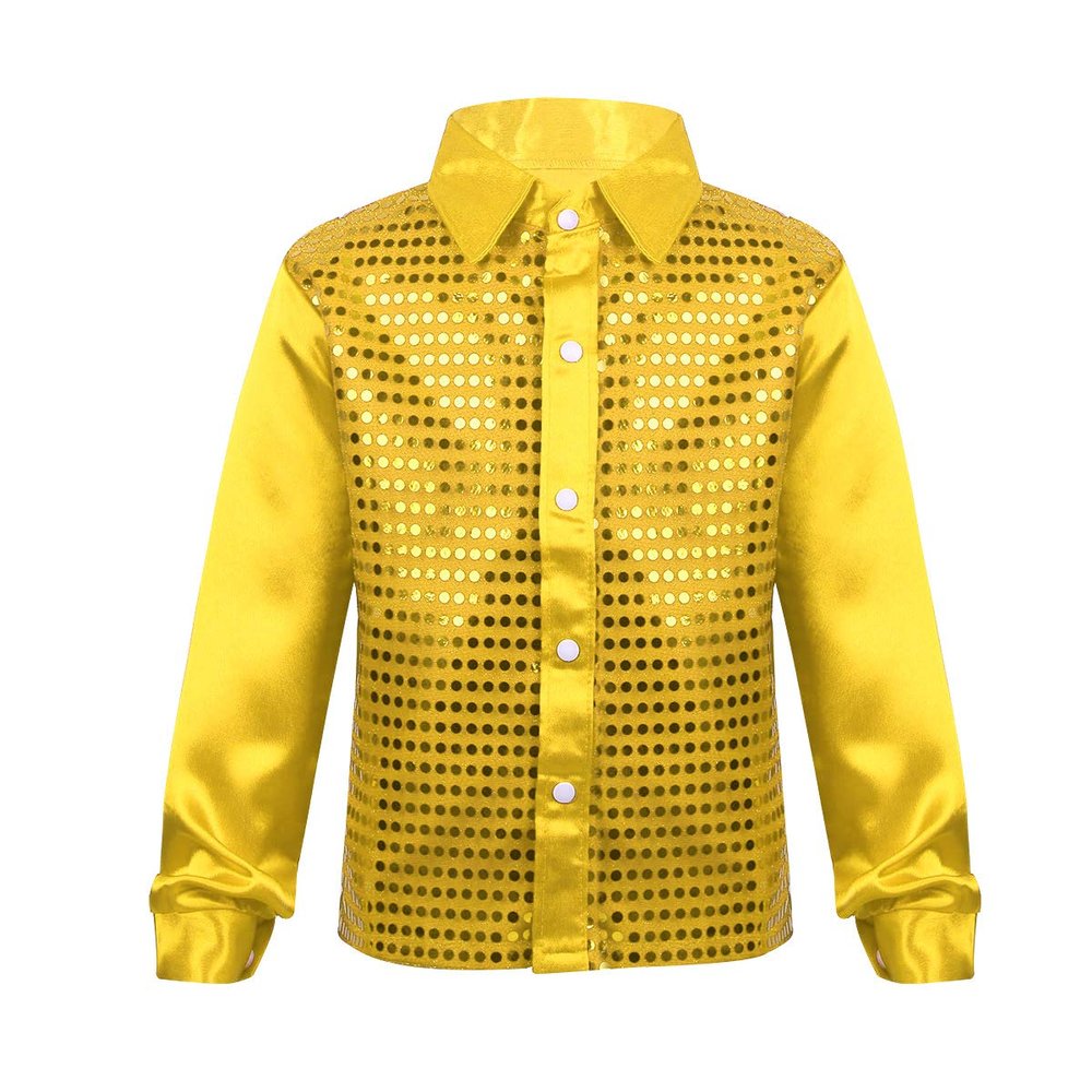 Freebily Kids Boys Glittery Sequined Long Sleeve Spread Collar Shirt Choir Jazz Dance Stage Performance Show Fancy Costumes Gold 12-14 Years