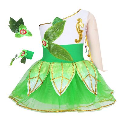 Agoky Girls Kids One Shoulder Sequins Ballet Tutu Dress Dance Outfit Stage Performance Costume Ballroom Dancewear Green 3-4