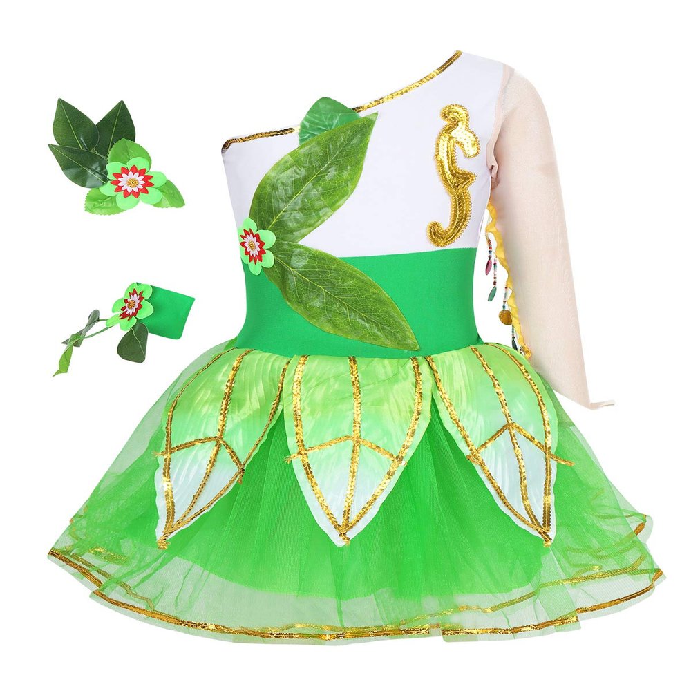 Agoky Girls Kids One Shoulder Sequins Ballet Tutu Dress Dance Outfit Stage Performance Costume Ballroom Dancewear Green 3-4