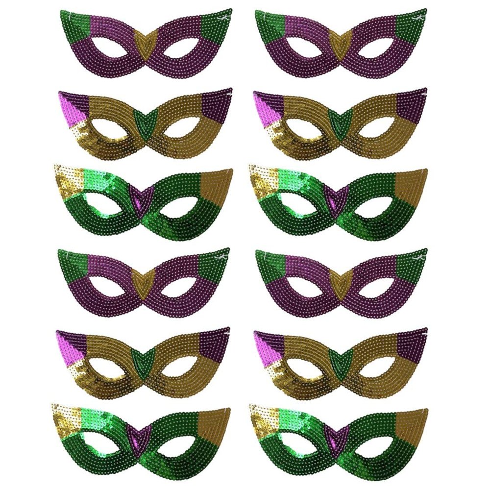 Purple, Green and Gold Sequin Mardi Gras Masks- 60 Pieces- Bulk Supply for Parties, Balls, and Parades!